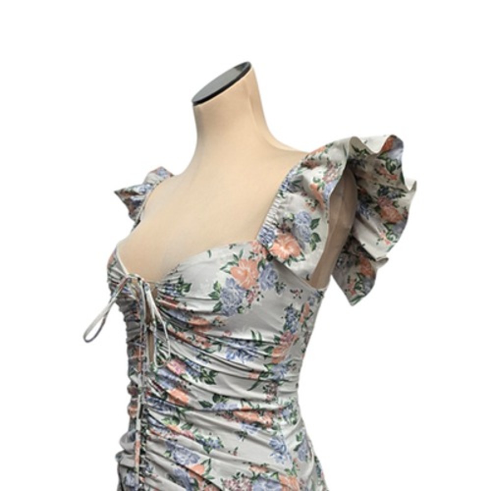 House of CB Mini Dress Womens Small Floral Kara Ruched Ruffle Sleeve Lace Up - Picture 8 of 12